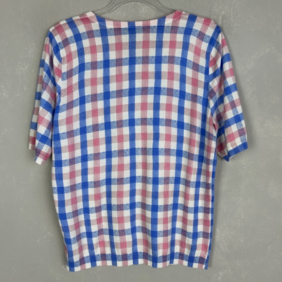 Talbots size L short sleeve lightweight cardigan navy pink check cotton blend - Picture 6 of 10